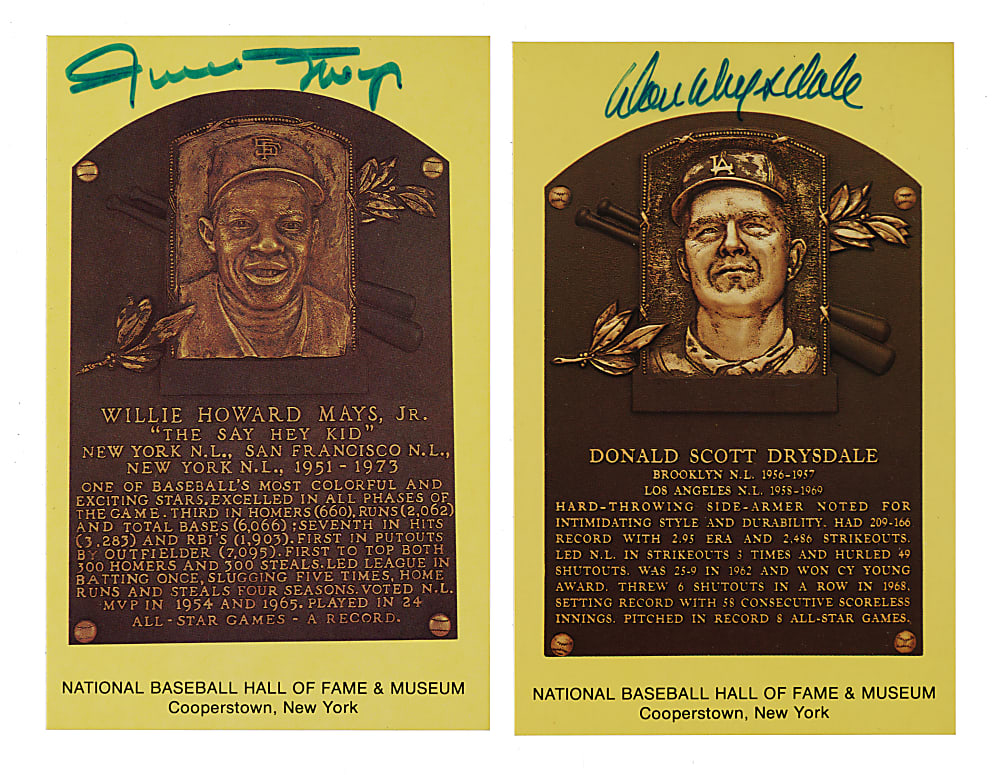 Willie Mays and Don Drysdale Signed Yellow Hall of Fame Postcard Pair
