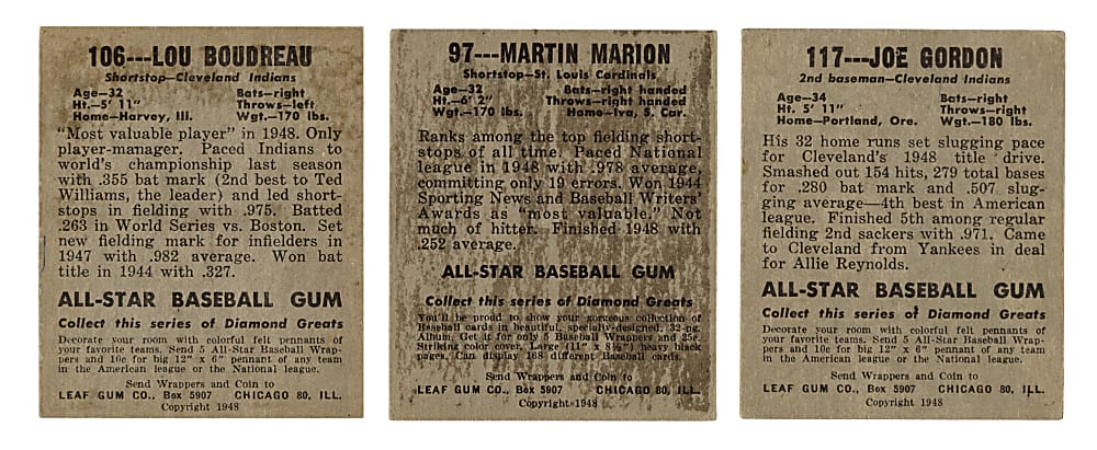 1948-1949 Leaf Trio: Lou Boudreau, Joe Gordon, and Martin Marion