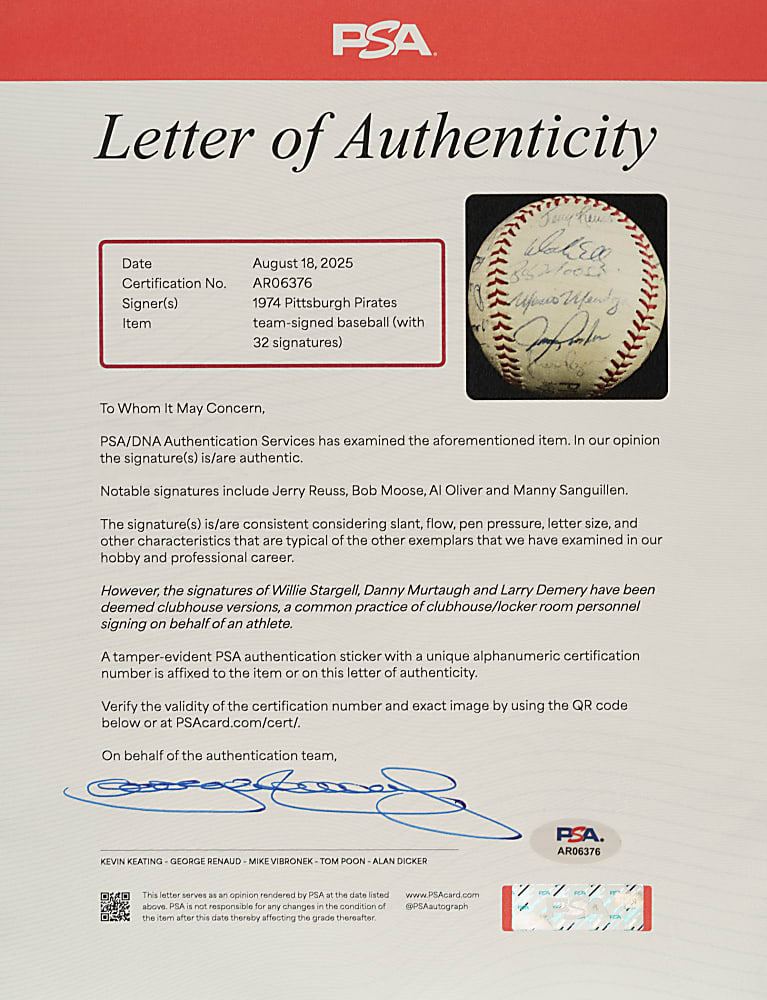 1974 Pittsburgh Pirates Team-Signed Baseball (32 Signatures) - PSA/DNA