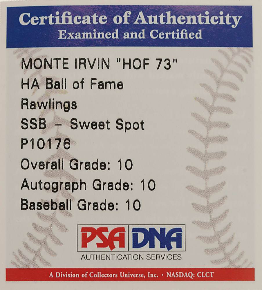 Monte Irvin Single-Signed Baseball with "HOF 73" Inscription PSA/DNA GEM MINT 10