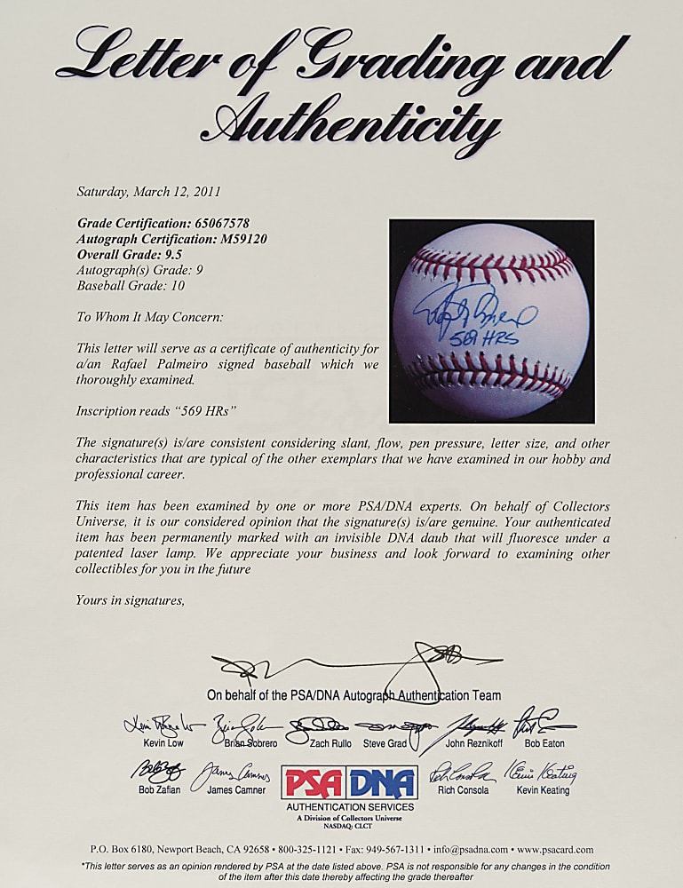 Rafael Palmeiro Single-Signed Baseball with "569 HRs" Inscription PSA/DNA MINT+ 9.5