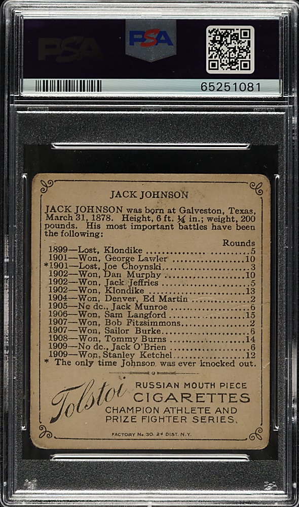 Circa 1910 T218 Tolstoi "Champion Athletes and Prize Fighters" Jack Johnson PSA POOR 1