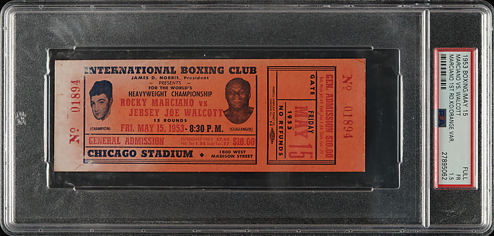 May 15th, 1953 Rocky Marciano vs. Joe Walcott Full Ticket PSA FAIR 1.5 - Rocky Marciano First Round Knockout