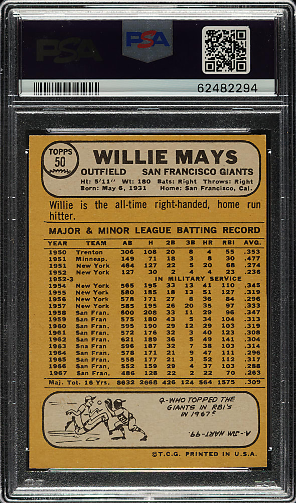 1968 Topps #50 Willie Mays PSA EX-MT 6
