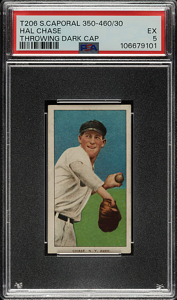 1909-1911 T206 White Border Hal Chase Throwing Dark Cap PSA EX 5