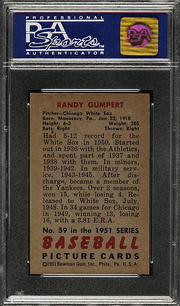 1951 Bowman #59 Randy Gumpert PSA NM-MT 8