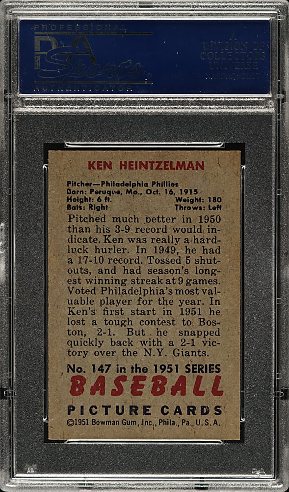 1951 Bowman #147 Ken Heintzelman PSA NM-MT 8