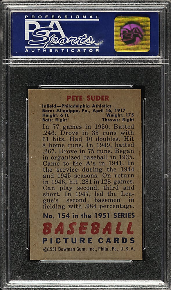 1951 Bowman #154 Pete Suder PSA NM-MT 8