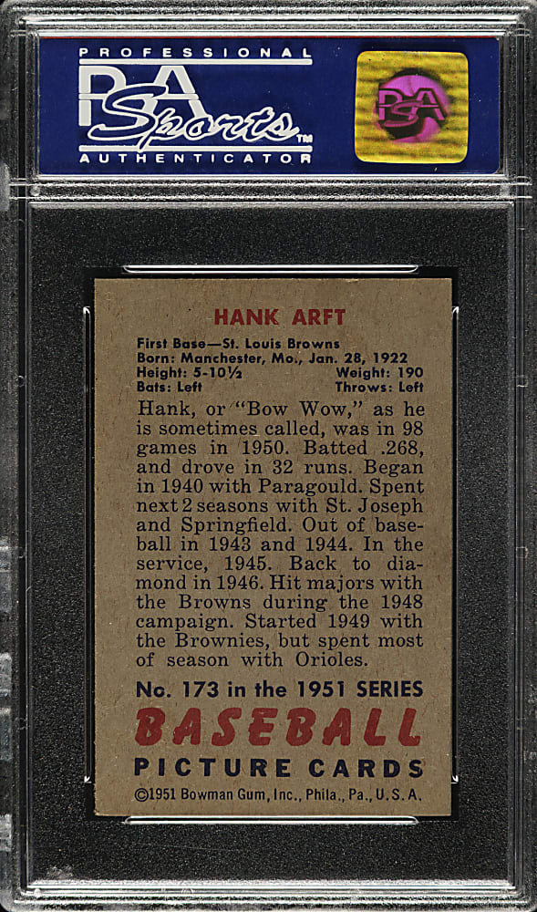 1951 Bowman #173 Hank Arft PSA NM-MT 8