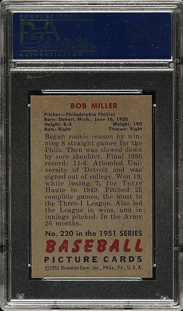 1951 Bowman #220 Bob Miller PSA NM-MT 8