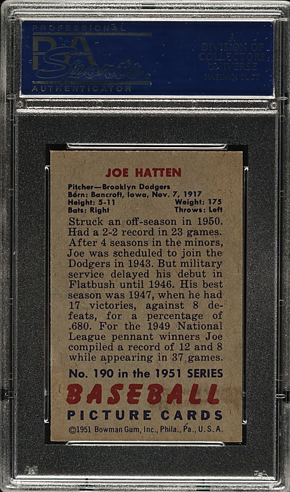 1951 Bowman #190 Joe Hatten PSA NM-MT 8