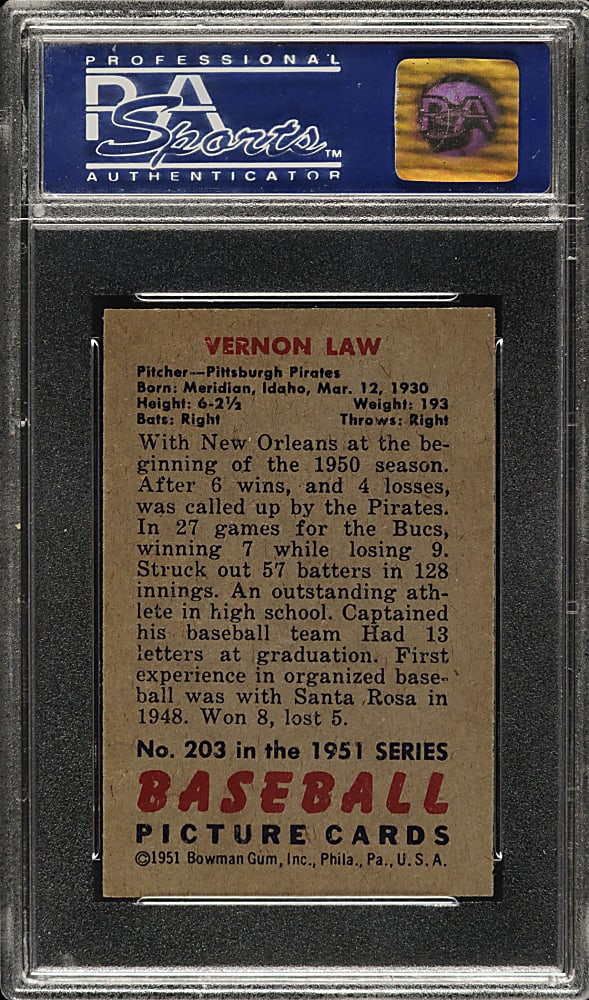 1951 Bowman #203 Vernon Law PSA NM-MT 8