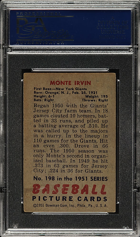 1951 Bowman #198 Monte Irvin PSA VG 3