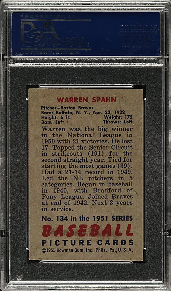 1951 Bowman #134 Warren Spahn PSA EX-MT 6