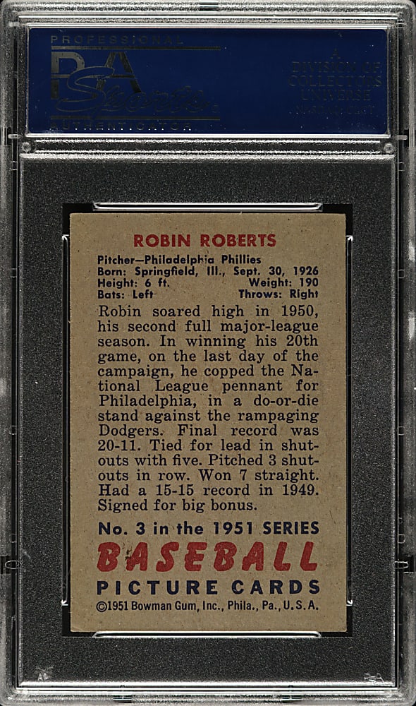 1951 Bowman #3 Robin Roberts PSA EX-MT 6
