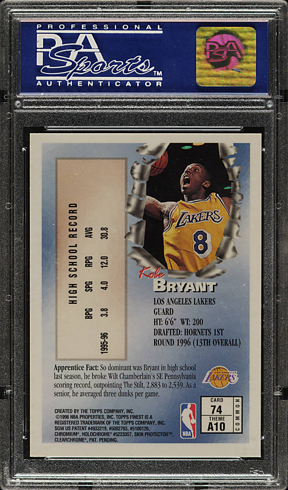 1996-1997 Topps Finest Basketball #74 Kobe Bryant Rookie with Coating PSA GEM MINT 10