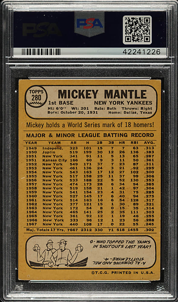 1968 Topps #280 Mickey Mantle PSA GOOD 2