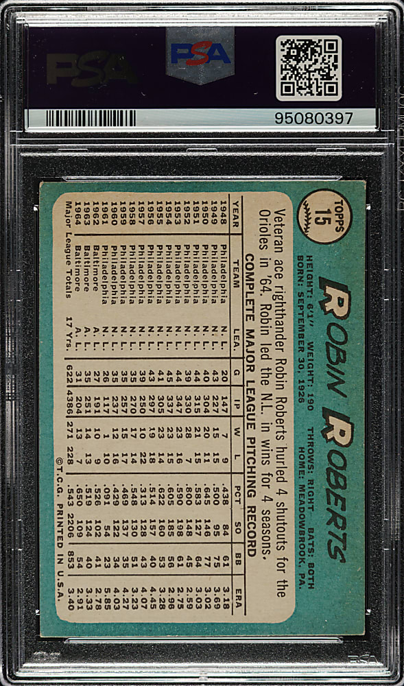 1965 Topps #15 Robin Roberts PSA VG-EX 4