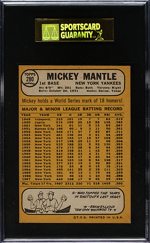 1968 Topps #280 Mickey Mantle SGC EX+ 70