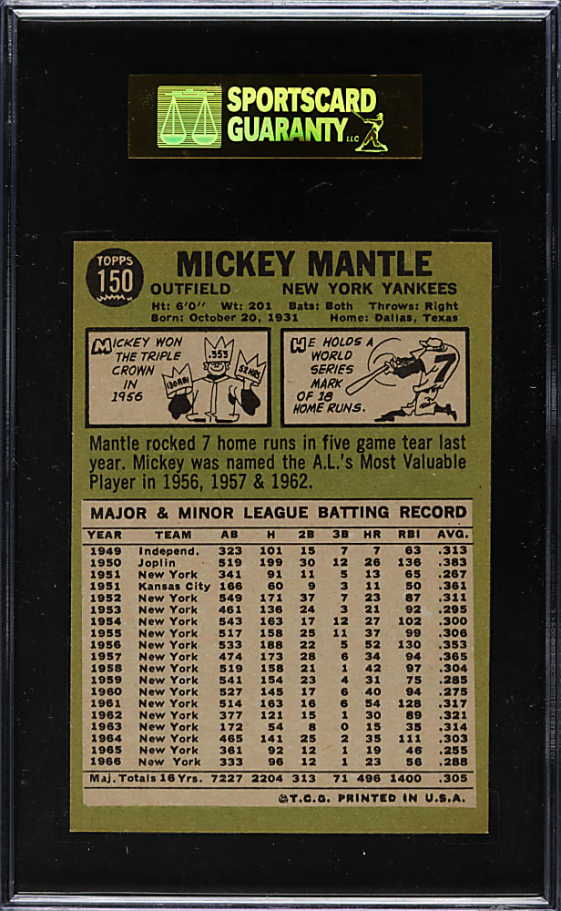 1967 Topps #150 Mickey Mantle SGC EX+ 70