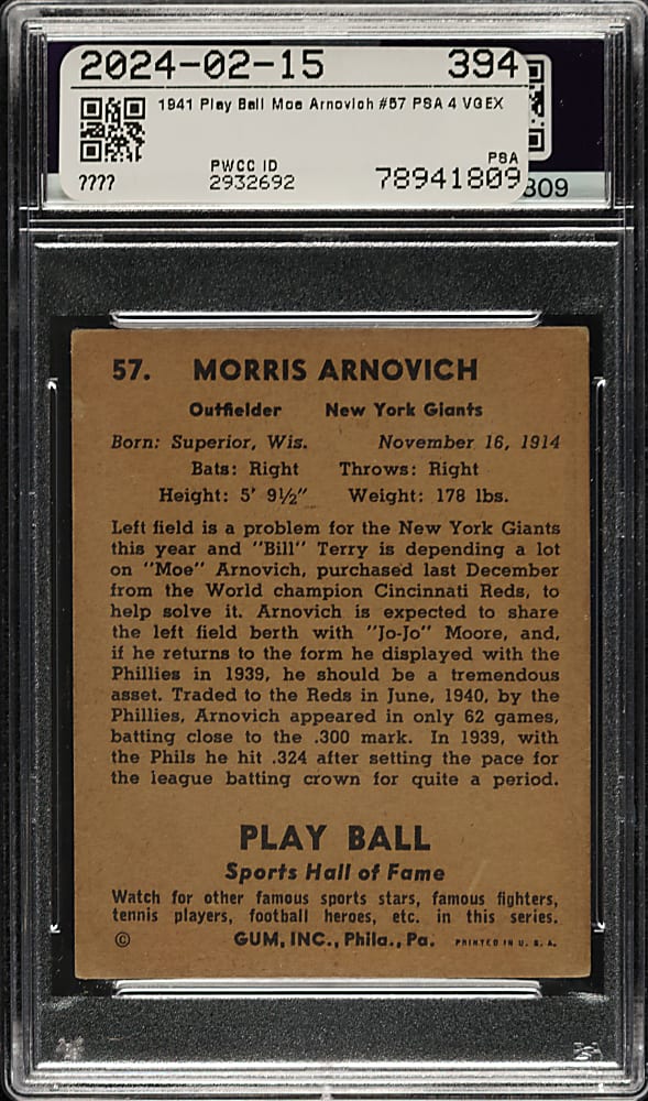 1941 R336 Play Ball #57 Moe Arnovich PSA VG-EX 4