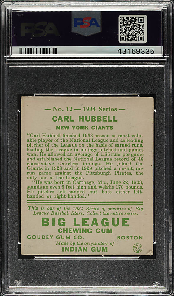 1934 R320 Goudey #12 Carl Hubbell PSA VG-EX 4
