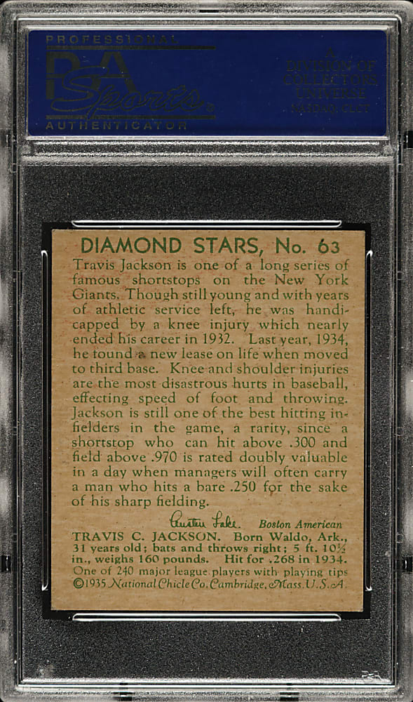 1934-1936 R327 Diamond Stars #63 Travis Jackson PSA EX-MT 6