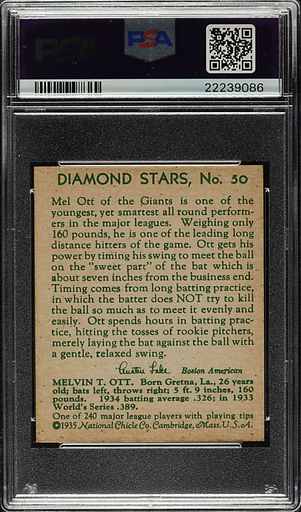 1934-1936 R327 Diamond Stars #50 Mel Ott PSA NM 7