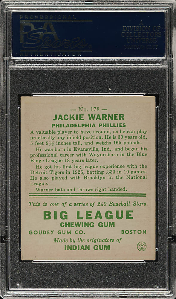1933 R319 Goudey #178 Jackie Warner PSA EX 5