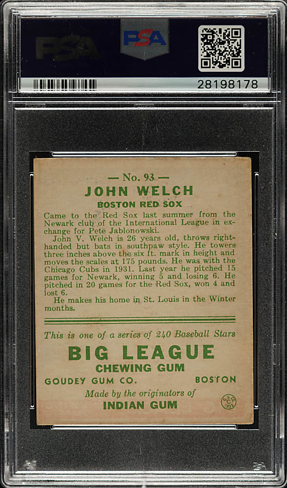 1933 R319 Goudey #93 John Welch PSA EX 5