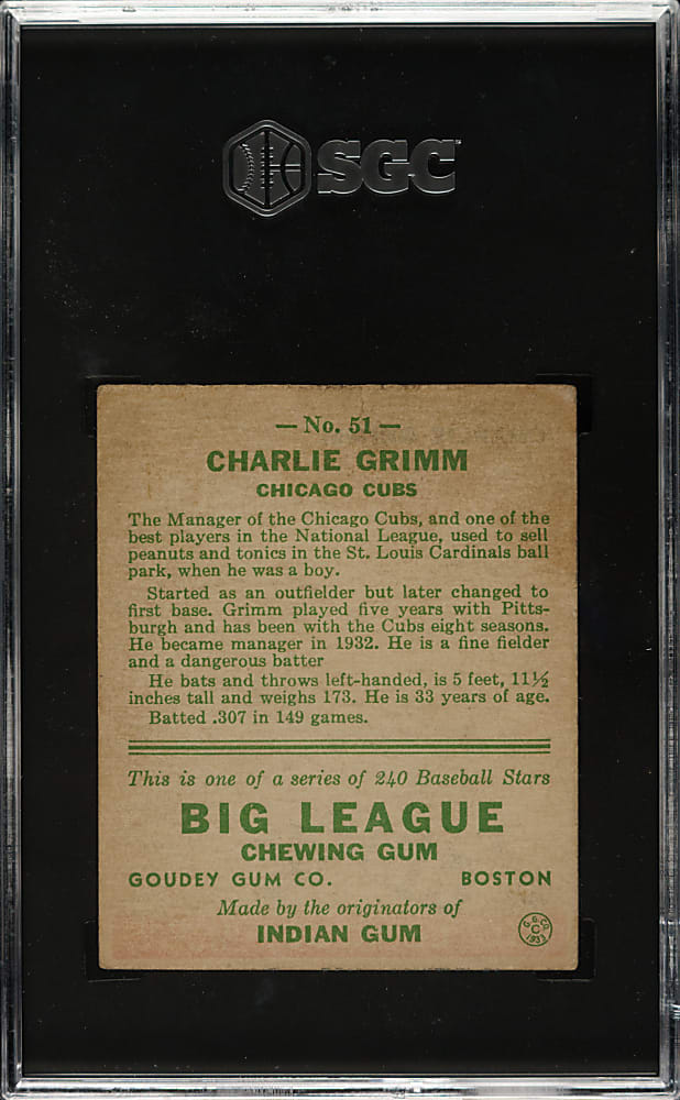1933 R319 Goudey #51 Charlie Grimm SGC EX 5