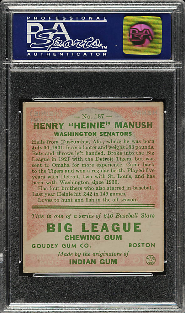 1933 R319 Goudey #187 Heinie Manush PSA EX 5