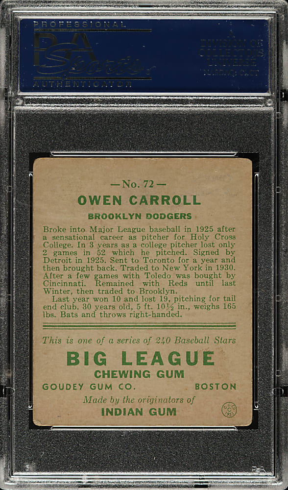 1933 R319 Goudey #72 Owen Carroll PSA VG-EX 4