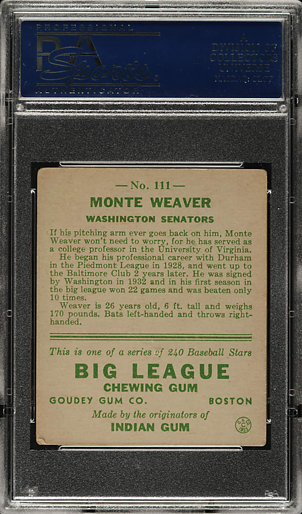 1933 R319 Goudey #111 Monte Weaver PSA VG-EX 4