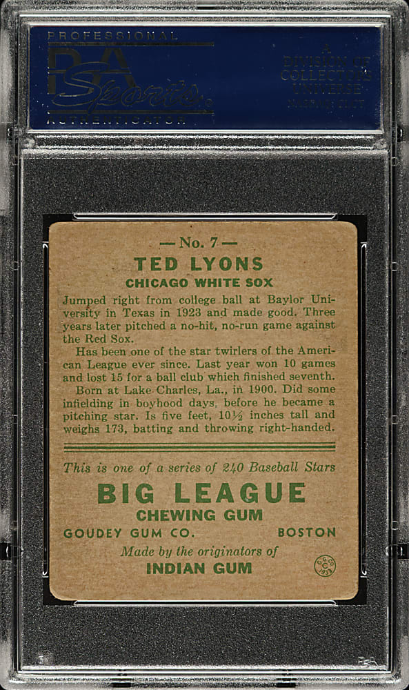 1933 R319 Goudey #7 Ted Lyons PSA VG 3