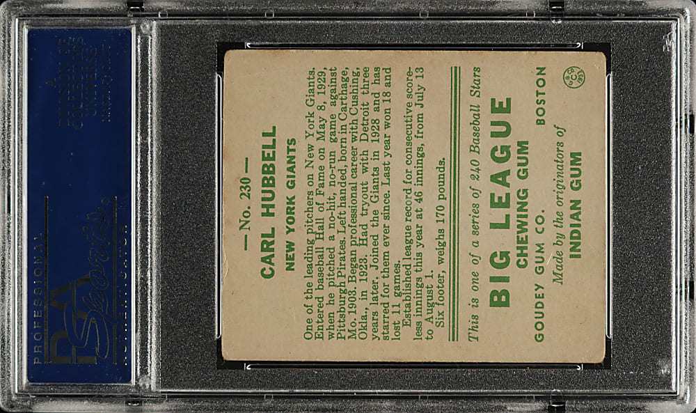 1933 R319 Goudey #230 Carl Hubbell PSA VG 3