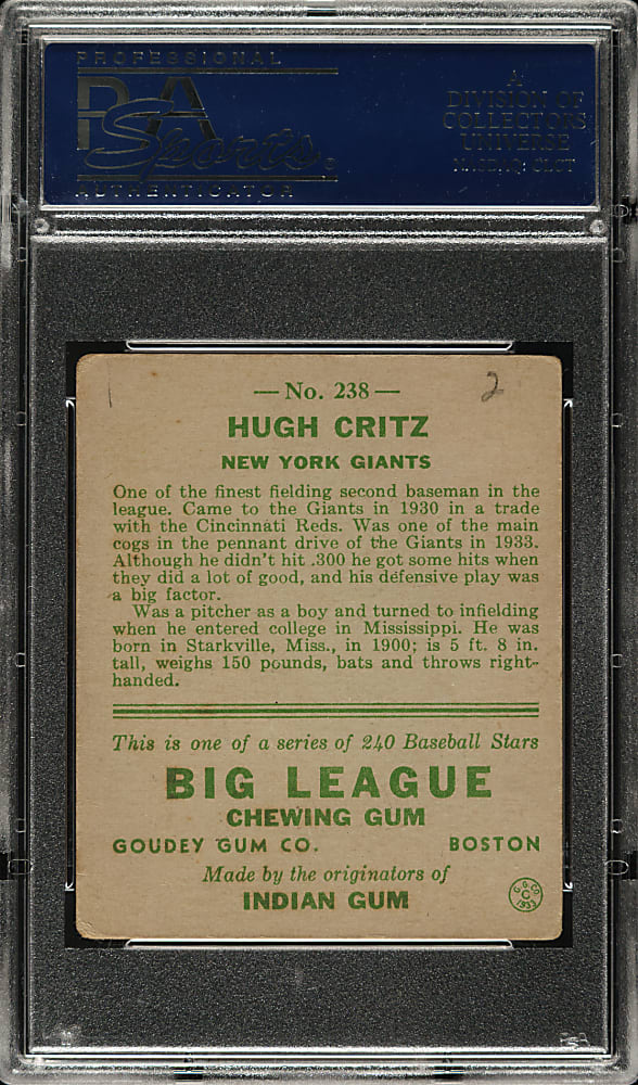 1933 R319 Goudey #238 Hugh Critz PSA VG 3 (MK)