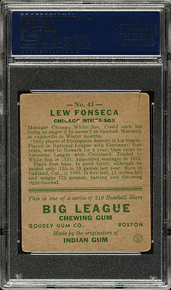 1933 R319 Goudey #43 Lew Fonseca PSA VG 3 (MK)