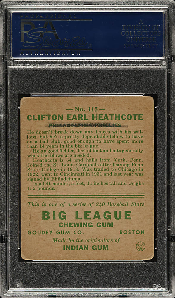 1933 R319 Goudey #115 Cliff Heathcote PSA VG 3 (MK)