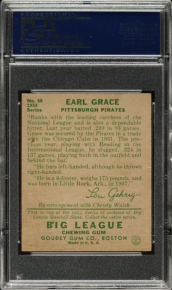 1934 R320 Goudey #58 Earl Grace PSA VG 3