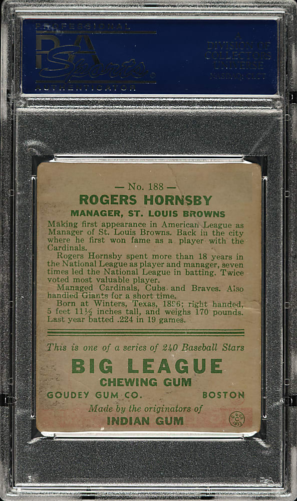 1933 R319 Goudey #188 Rogers Hornsby PSA POOR 1