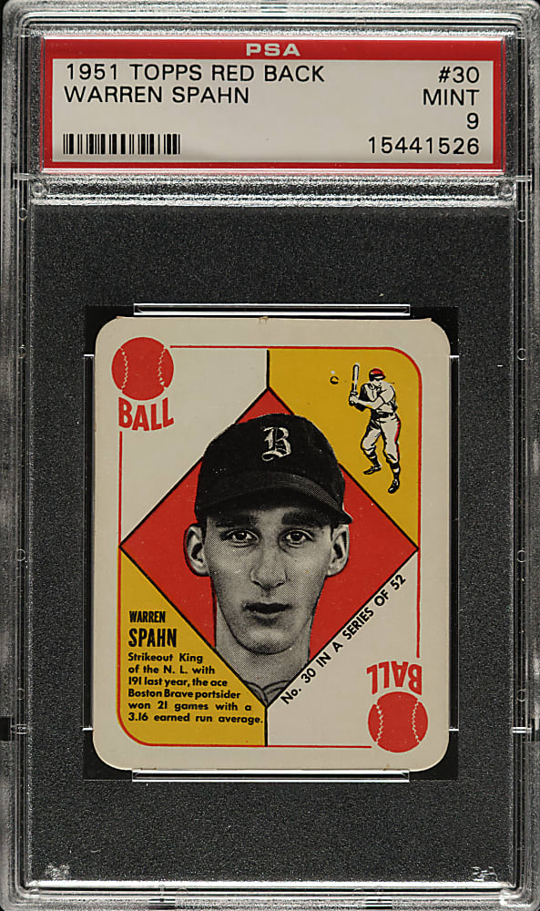 1951 Topps Red Back #30 Warren Spahn PSA MINT 9