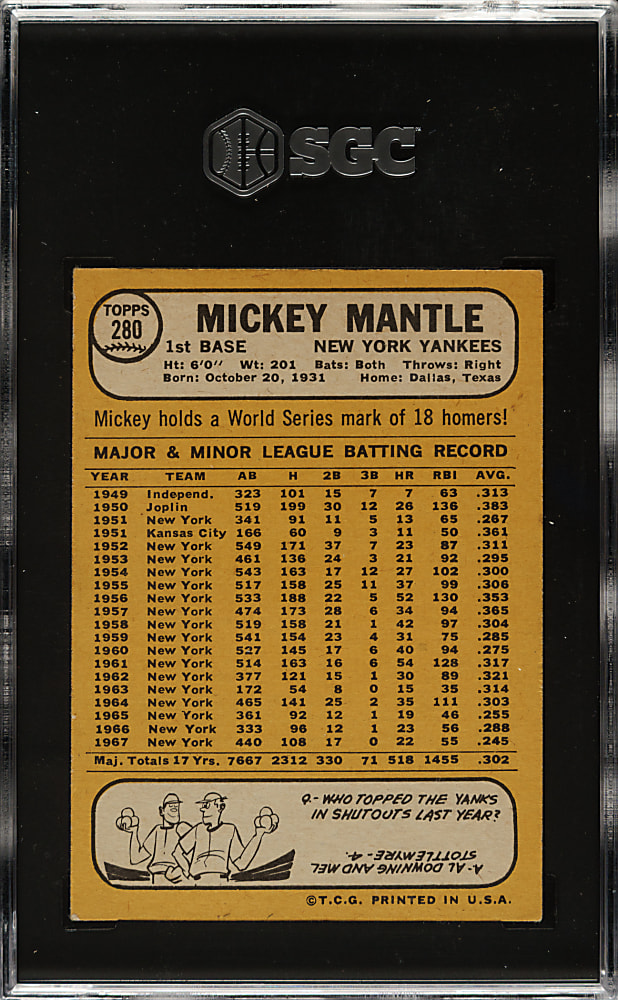 1968 Topps #280 Mickey Mantle SGC EX 5