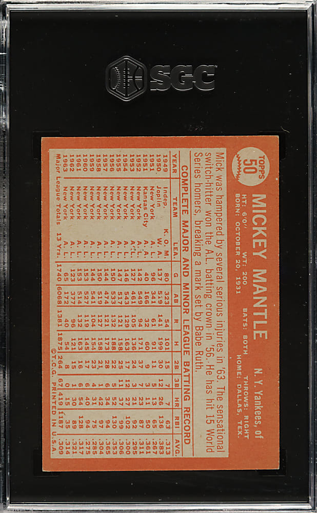 1964 Topps #50 Mickey Mantle SGC EX 5