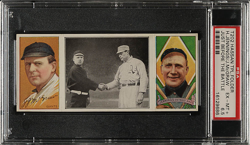 1912 T202 Hassan Triple Folder "Just Before The Battle" Hugh Jennings/John McGraw PSA EX-MT+ 6.5
