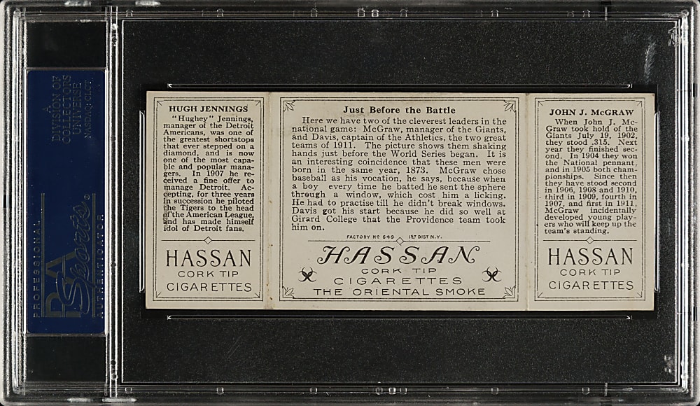 1912 T202 Hassan Triple Folder "Just Before The Battle" Hugh Jennings/John McGraw PSA EX-MT+ 6.5