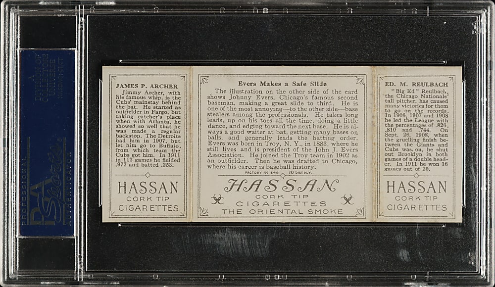 1912 T202 Hassan Triple Folder "Evers Make A Safe Slide" Archer/Reulbach PSA EX-MT+ 6.5