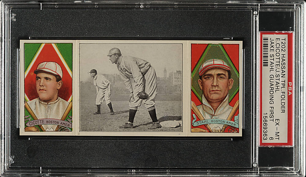 1912 T202 Hassan Triple Folder "Jake Stahl Guarding First" Cicotte/Stahl PSA EX-MT 6