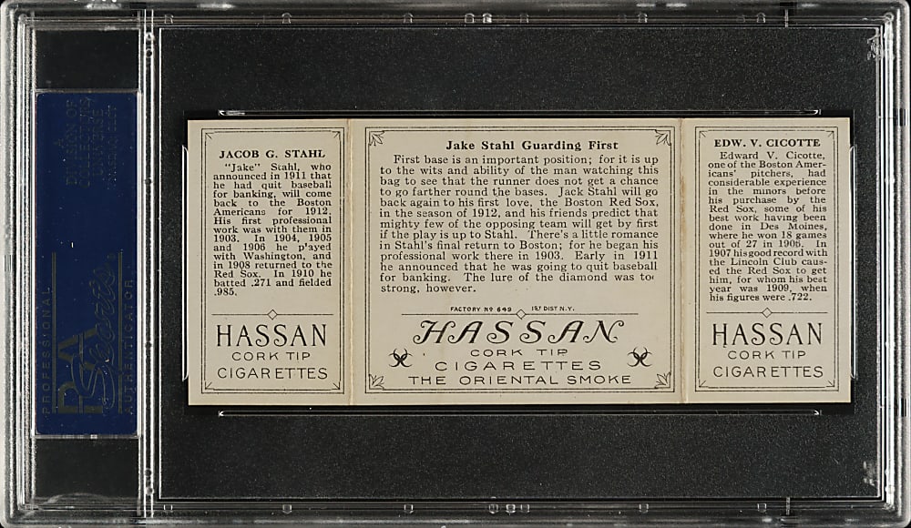 1912 T202 Hassan Triple Folder "Jake Stahl Guarding First" Cicotte/Stahl PSA EX-MT 6