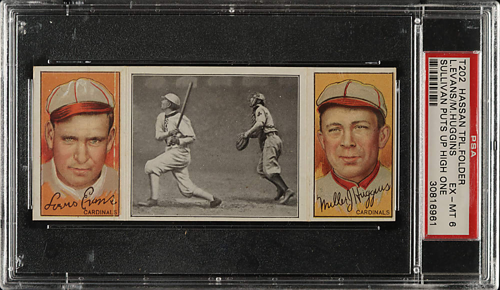 1912 T202 Hassan Triple Folder "Sullivan Puts Up a High One" Evans/Miller Huggins PSA EX-MT 6